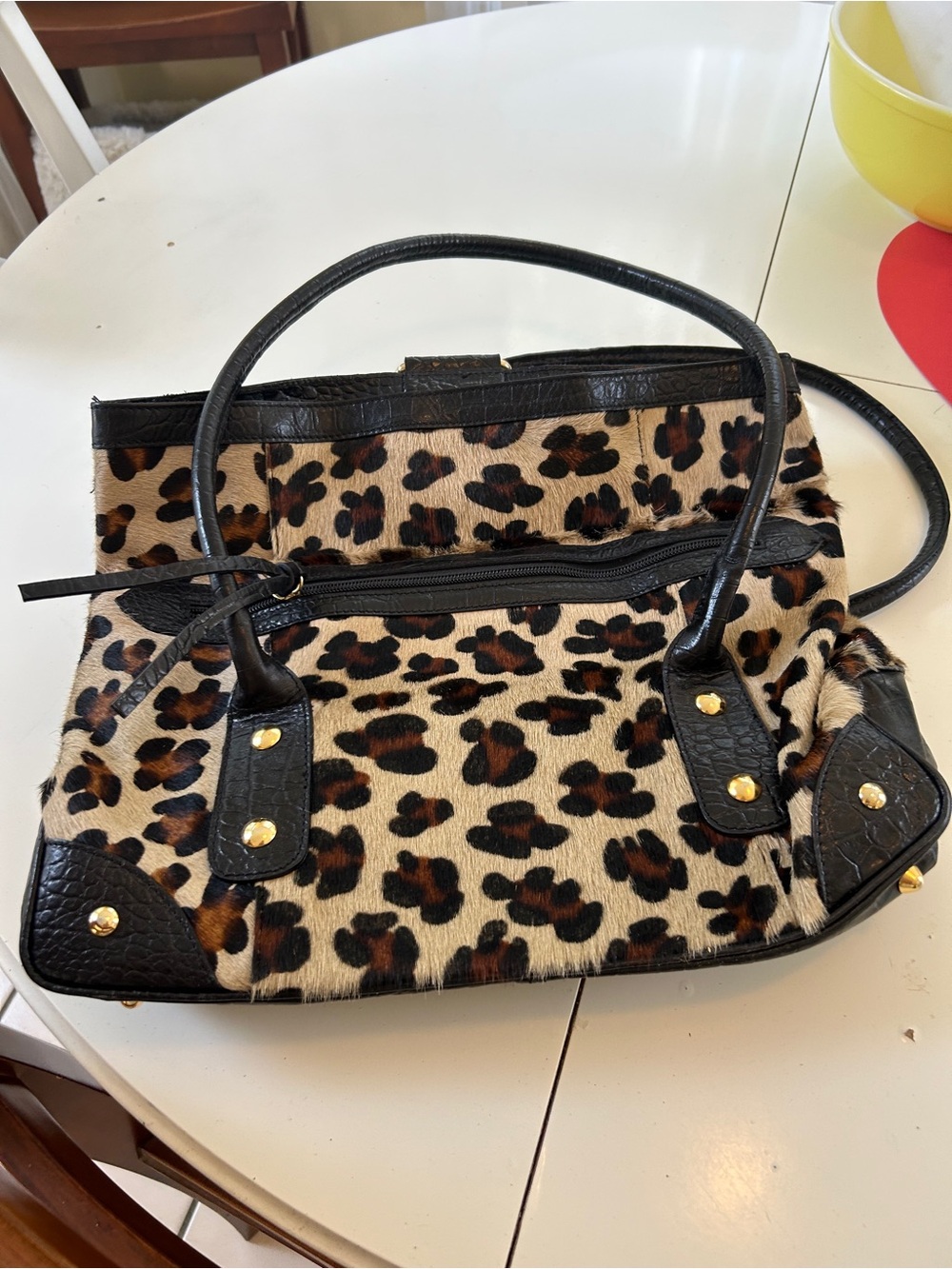 Leopard Print Faux Fur Satchel Handbag - Black Trim - Picture 2 of 6